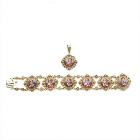 Swiss Enamel Cannetille Cupid and Cherub Bracelet and Pendant Suite