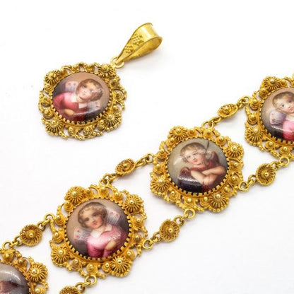Swiss Enamel Cannetille Cupid and Cherub Bracelet and Pendant Suite