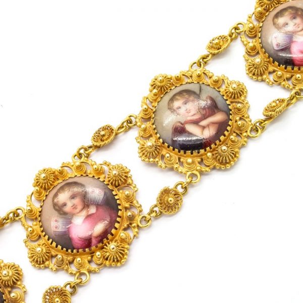Swiss Enamel Cannetille Cupid and Cherub Bracelet and Pendant Suite