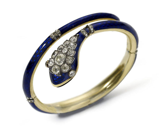 Antique Victorian Blue Enamel Diamond Gold Snake Bangle