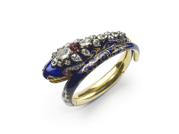 Antique Victorian Blue Enamel Snake Bangle, Diamond Set Head, 1860