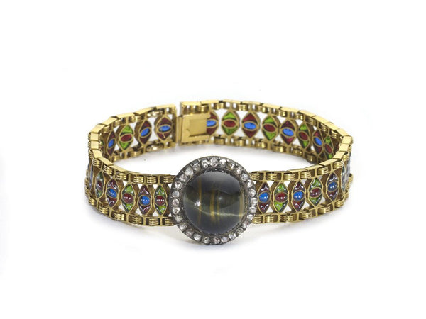 Enamel Blue Tiger's Eye Diamond Gold Bracelet