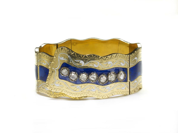 Victorian Enamel Diamond Gold Bangle Bracelet