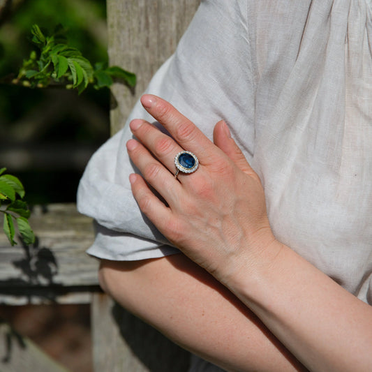 Cluster Ring with 6.00 ct. Unheated Blue Sapphire & Diamonds