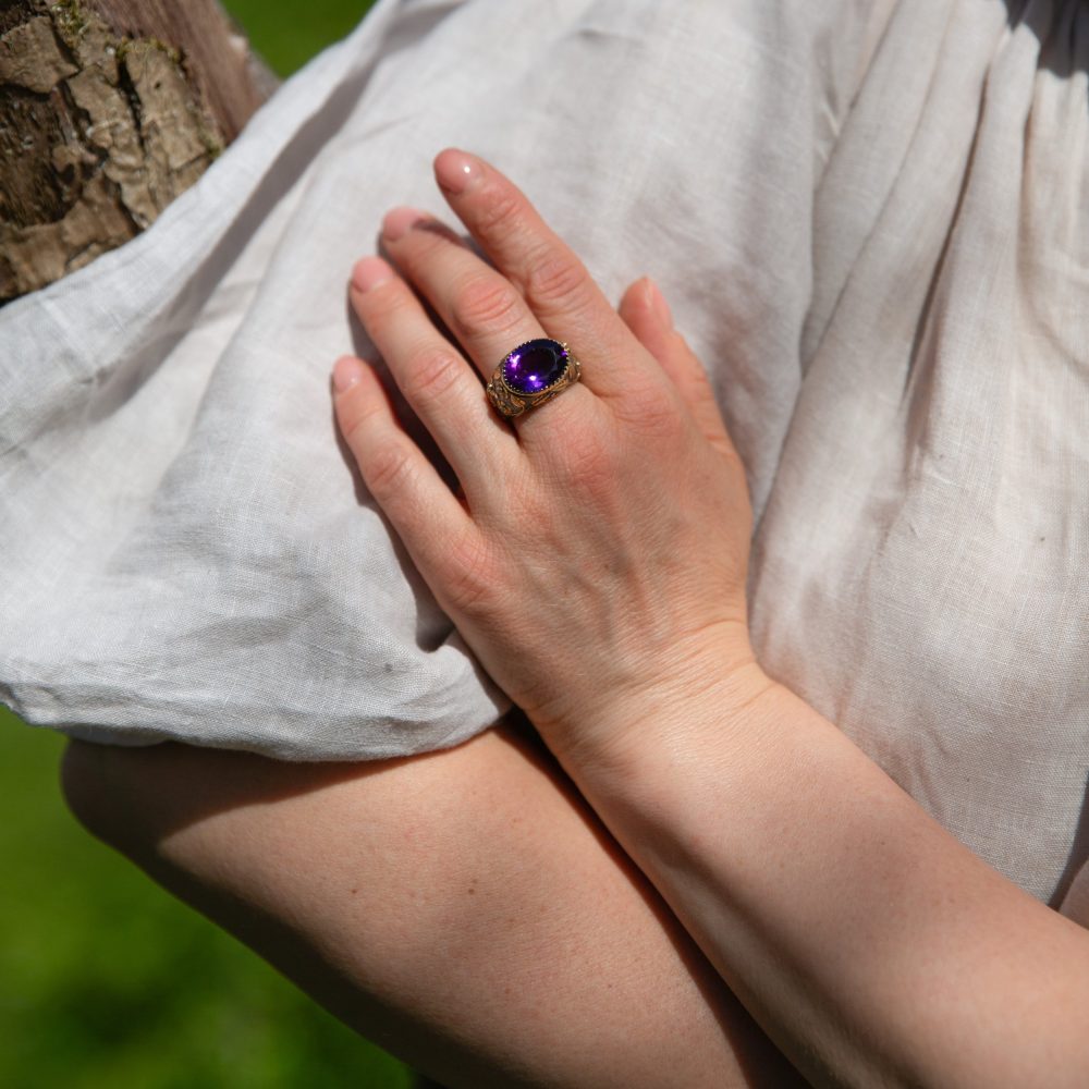 Vintage 10 Carat Amethyst Dome Ring In 18 Carat Gold And Silver
