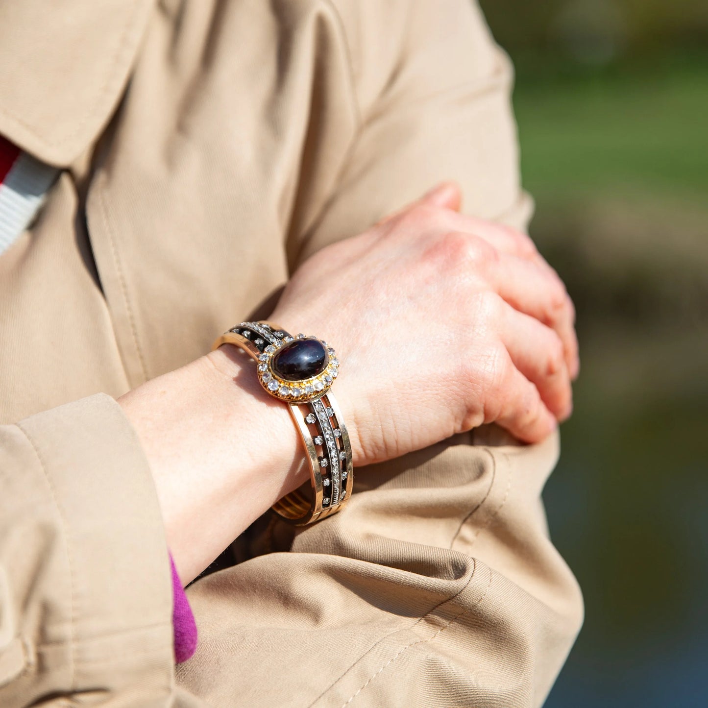 Antique French Garnet and Old Cut Diamond Cluster Bangle Bracelet