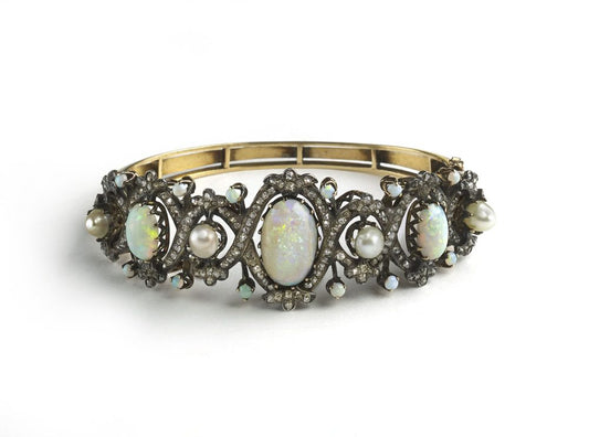 Pearl Opal Diamond Gold Bangle Bracelet