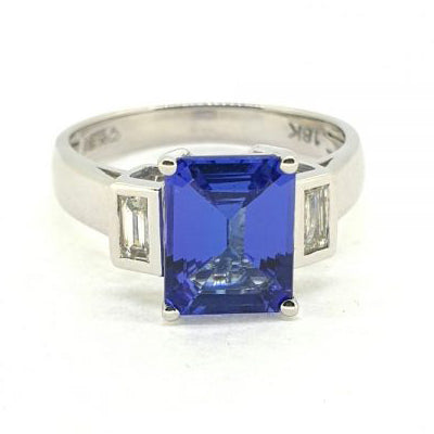 Emerald Cut Tanzanite Ring with Baguette Diamond Shoulders