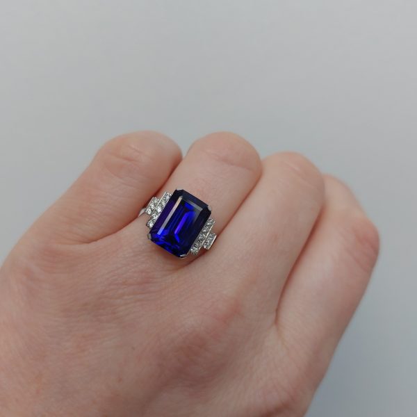 Art Deco Style 8.20ct Tanzanite and Diamond Ring