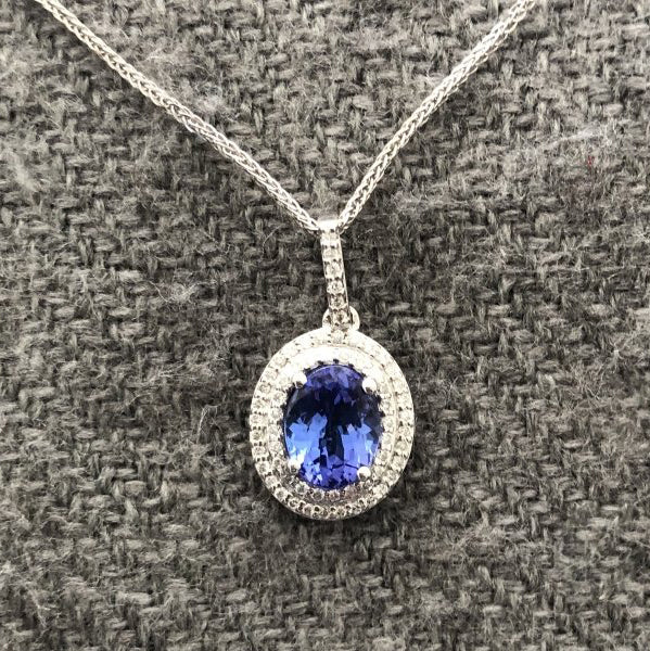 Tanzanite and Diamond Double Cluster Pendant in 14ct White Gold