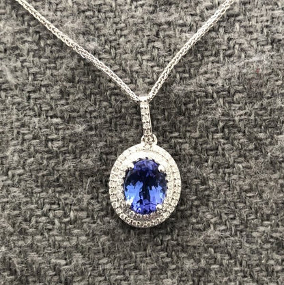 Tanzanite and Diamond Double Cluster Pendant in 14ct White Gold