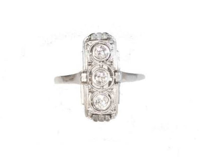 Art Deco diamond panel ring set with three old cut diamonds. Mounted in 14ct white gold