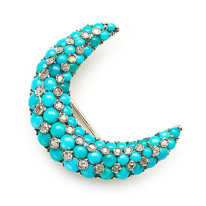 Vintage Tiffany and Co Turquoise and Diamond Crescent Moon Brooch
