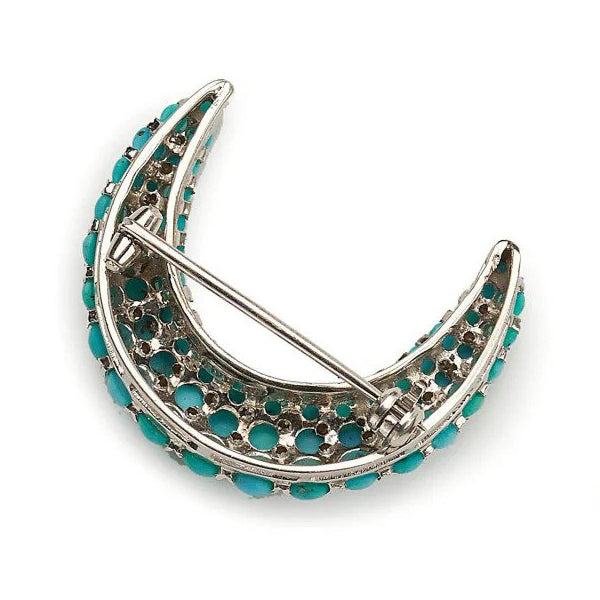 Vintage Tiffany and Co Turquoise and Diamond Crescent Moon Brooch in 18ct White Gold