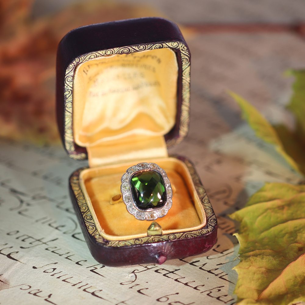 Vintage Green Tourmaline and Diamond Cluster Ring