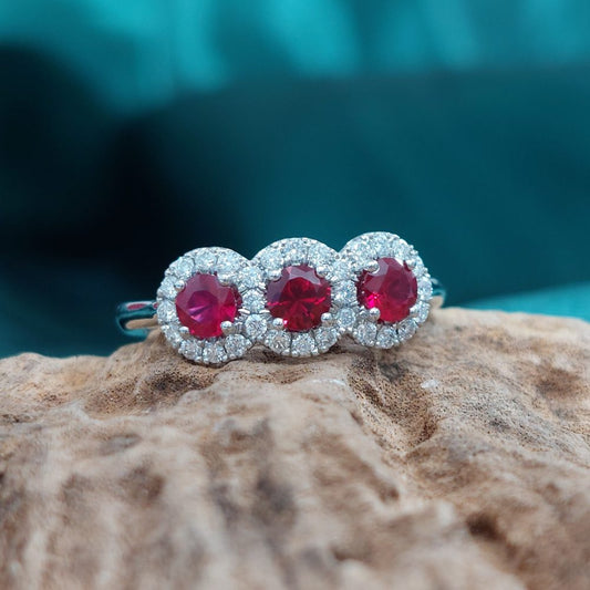 Triple 0.68ct Ruby and Diamond Cluster Ring