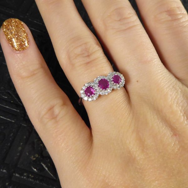 Triple Ruby and Diamond Cluster Ring in 18ct White Gold