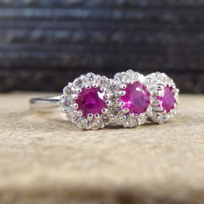 Triple Ruby and Diamond Cluster Ring in 18ct White Gold