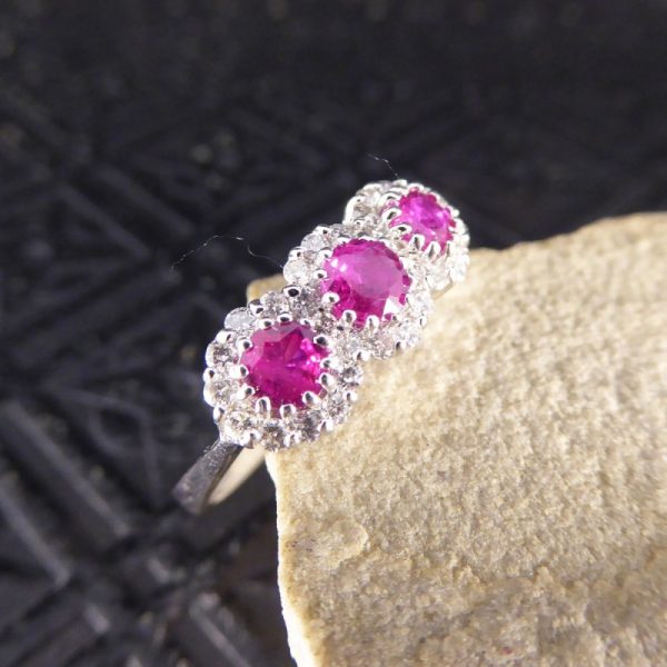 Triple Ruby and Diamond Cluster Ring in 18ct White Gold