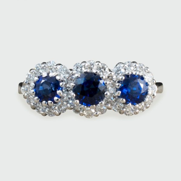 Triple Sapphire and Diamond Cluster Ring in 18ct White Gold