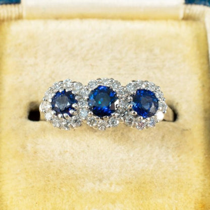 Triple Sapphire and Diamond Cluster Ring in 18ct White Gold