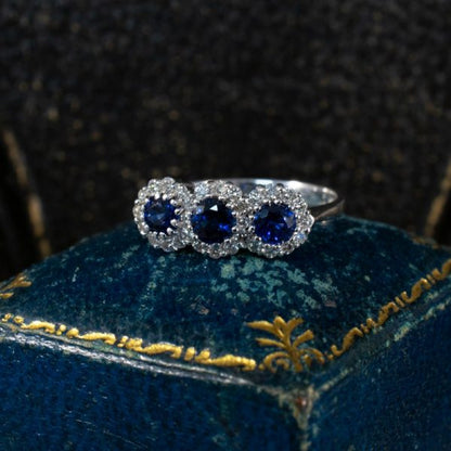Triple Sapphire and Diamond Cluster Ring in 18ct White Gold