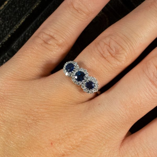 Triple Sapphire and Diamond Cluster Ring in 18ct White Gold