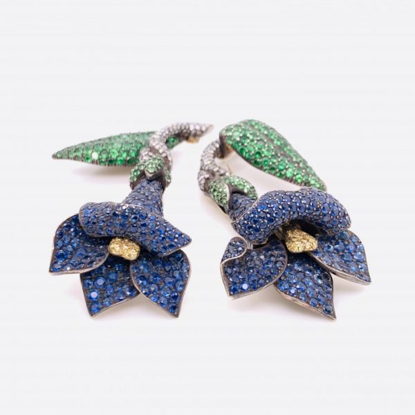 Two Sapphire Tsavorite Garnet Diamond Gentian Flower Brooches
