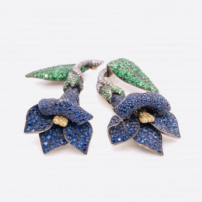 Two Sapphire Tsavorite Garnet Diamond Gentian Flower Brooches