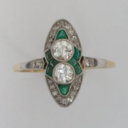 Two Stone Diamond and Emerald Navette Cluster Plaque Ring