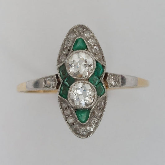 Two Stone Diamond and Emerald Navette Cluster Plaque Ring