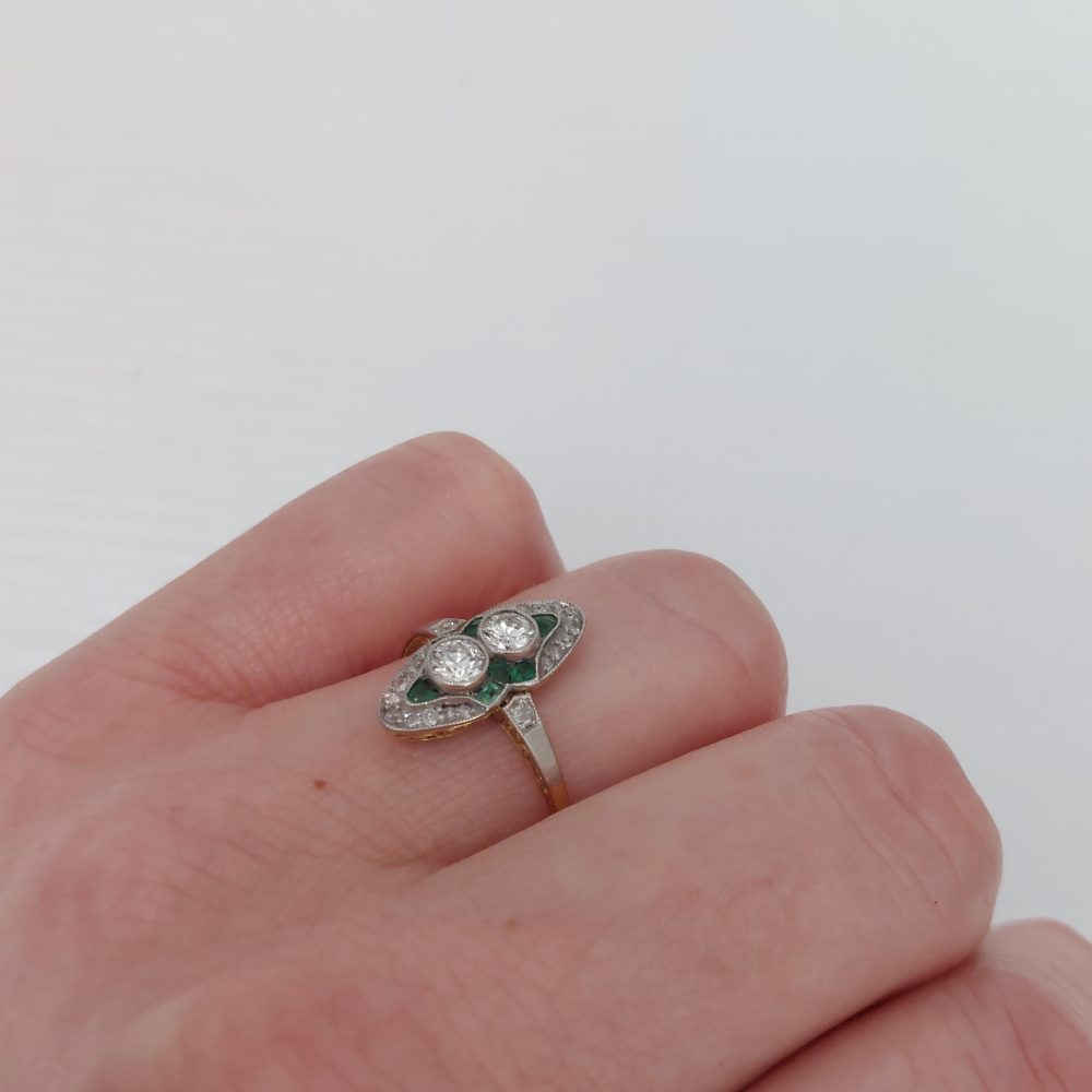 Two Stone Diamond and Emerald Navette Cluster Plaque Ring