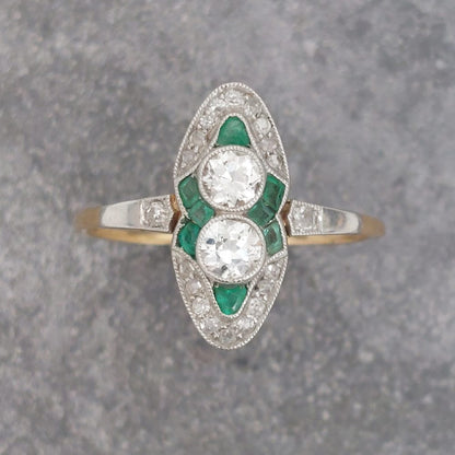 Two Stone Diamond and Emerald Navette Cluster Plaque Ring