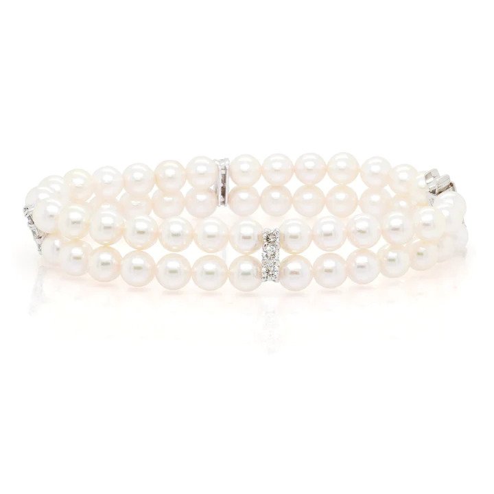 Two Row Akoya Pearl Bracelet with Diamonds