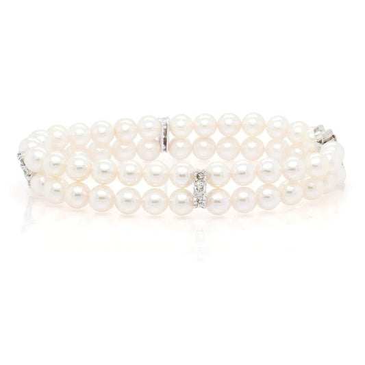 Two Row Akoya Pearl Bracelet with Diamonds