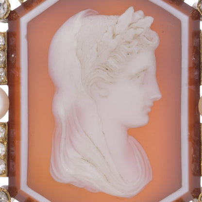 Victorian 18 Carat Yellow Gold Cameo Brooch/Pendant With Old Cut Diamonds And Pearls