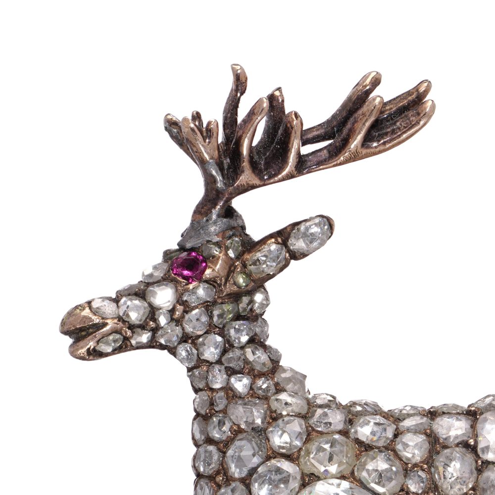 Victorian 9 Carat Rose Gold And Silver Diamond Reindeer Brooch