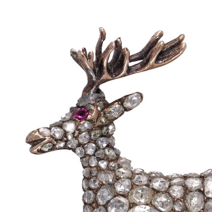 Victorian 9 Carat Rose Gold And Silver Diamond Reindeer Brooch