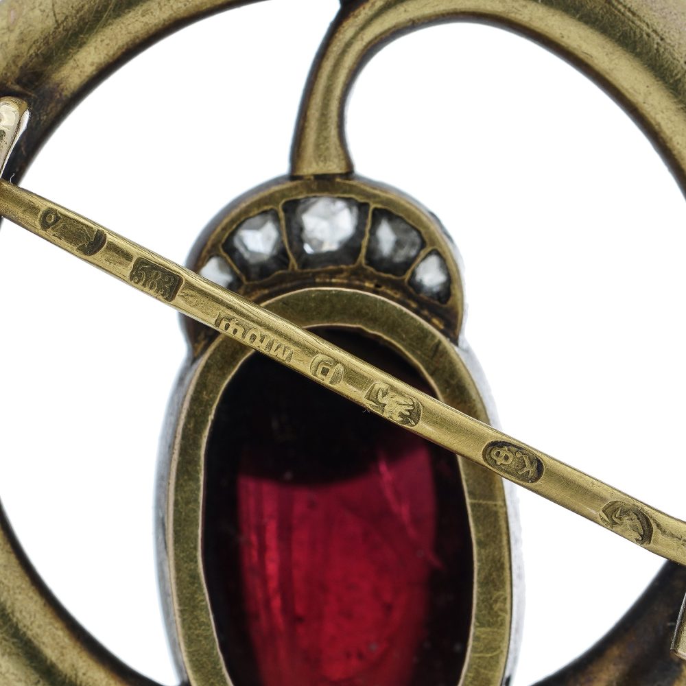 Karl Faberge Amethyst and Diamond Brooch In 14 Carat Yellow Gold