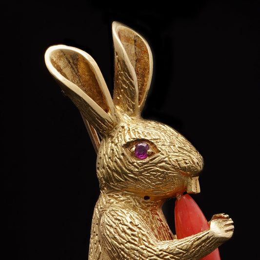 Tiffany & Co. 18 Carat Yellow Gold Bunny Brooch With Coral Carrot And Ruby Eye