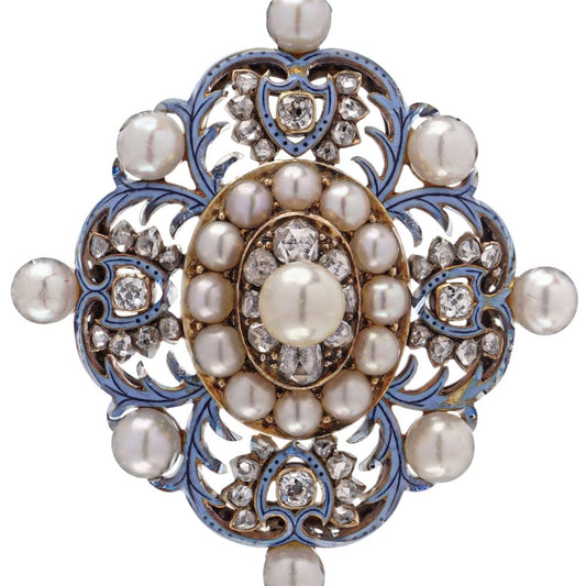 Renaissance Revival 18 Carat Gold Pendant With Enamel, Pearls And Old Cut Diamonds