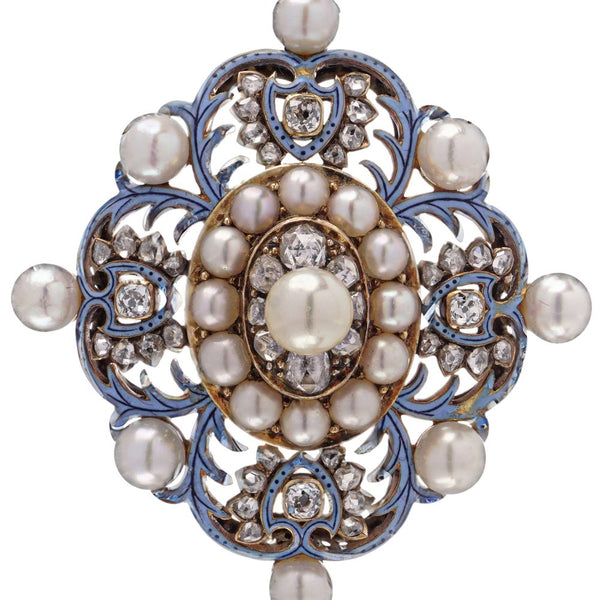 Renaissance Revival 18 Carat Gold Pendant With Enamel, Pearls And Old Cut Diamonds