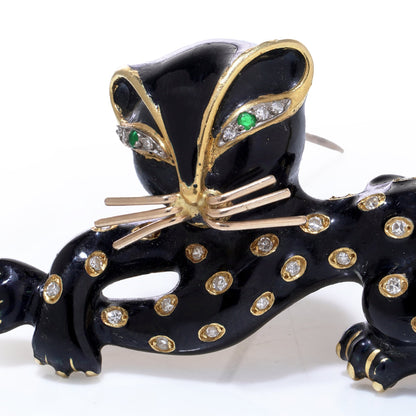 Kutchinsky 18ct Gold Diamond and Enamel Cat Brooch