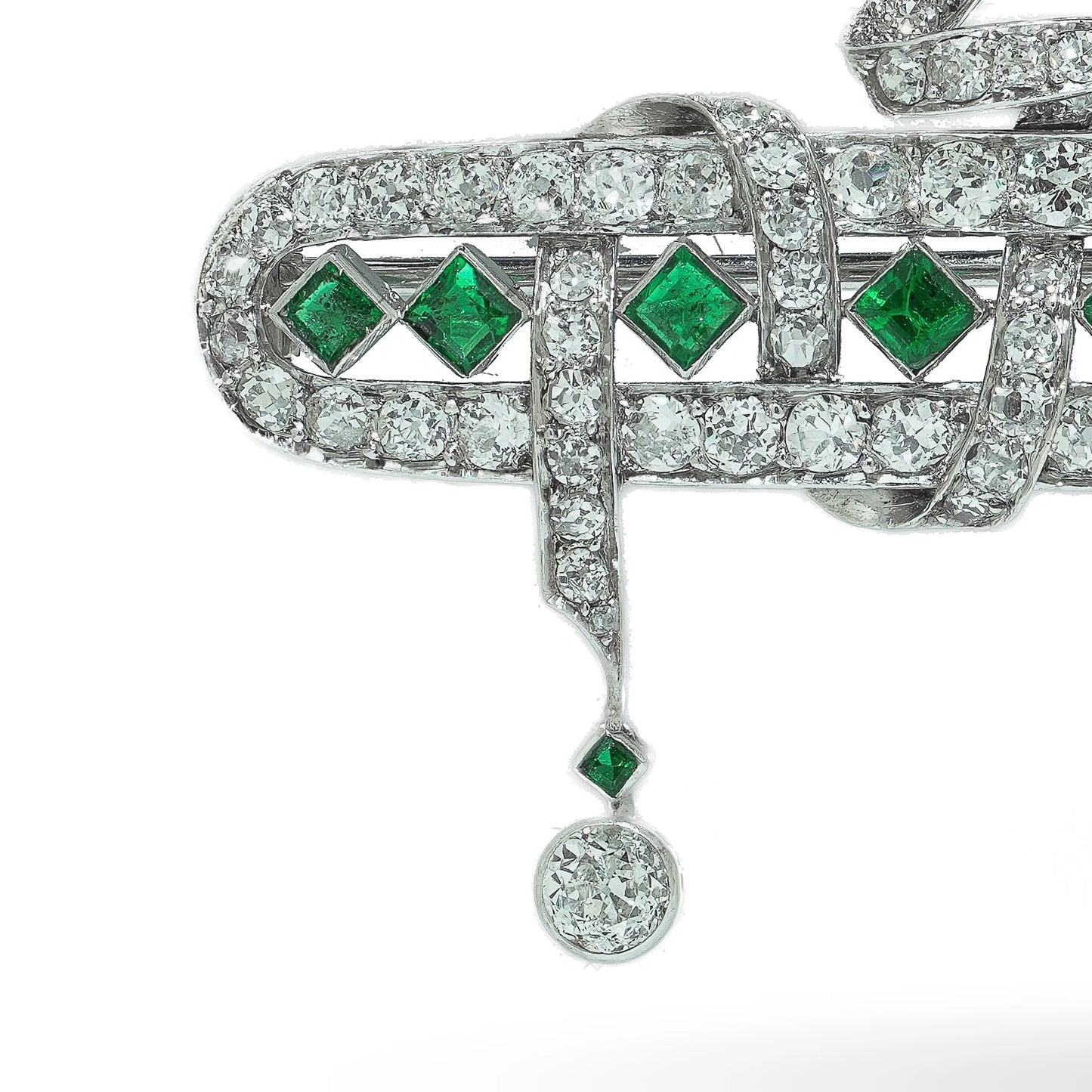 Art Deco Platinum Emerald and Diamond Bow Brooch with Diamond Drops