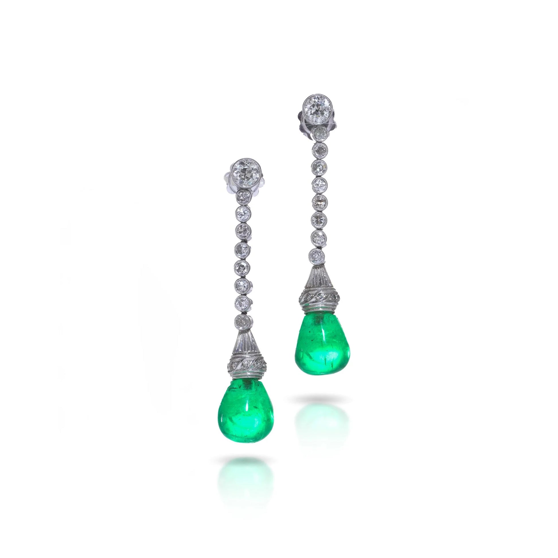 Art Deco Colombian Emerald and Diamond Drop Earrings in Platinum