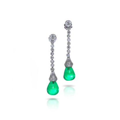 Art Deco Colombian Emerald and Diamond Drop Earrings in Platinum