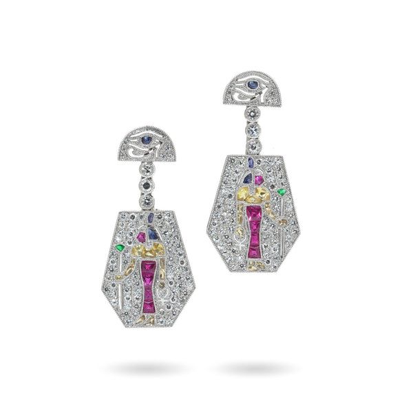 A pair of Eye of Horus drop earrings set with diamonds, rubies, emeralds, blue sapphires and yellow sapphires, in platinum