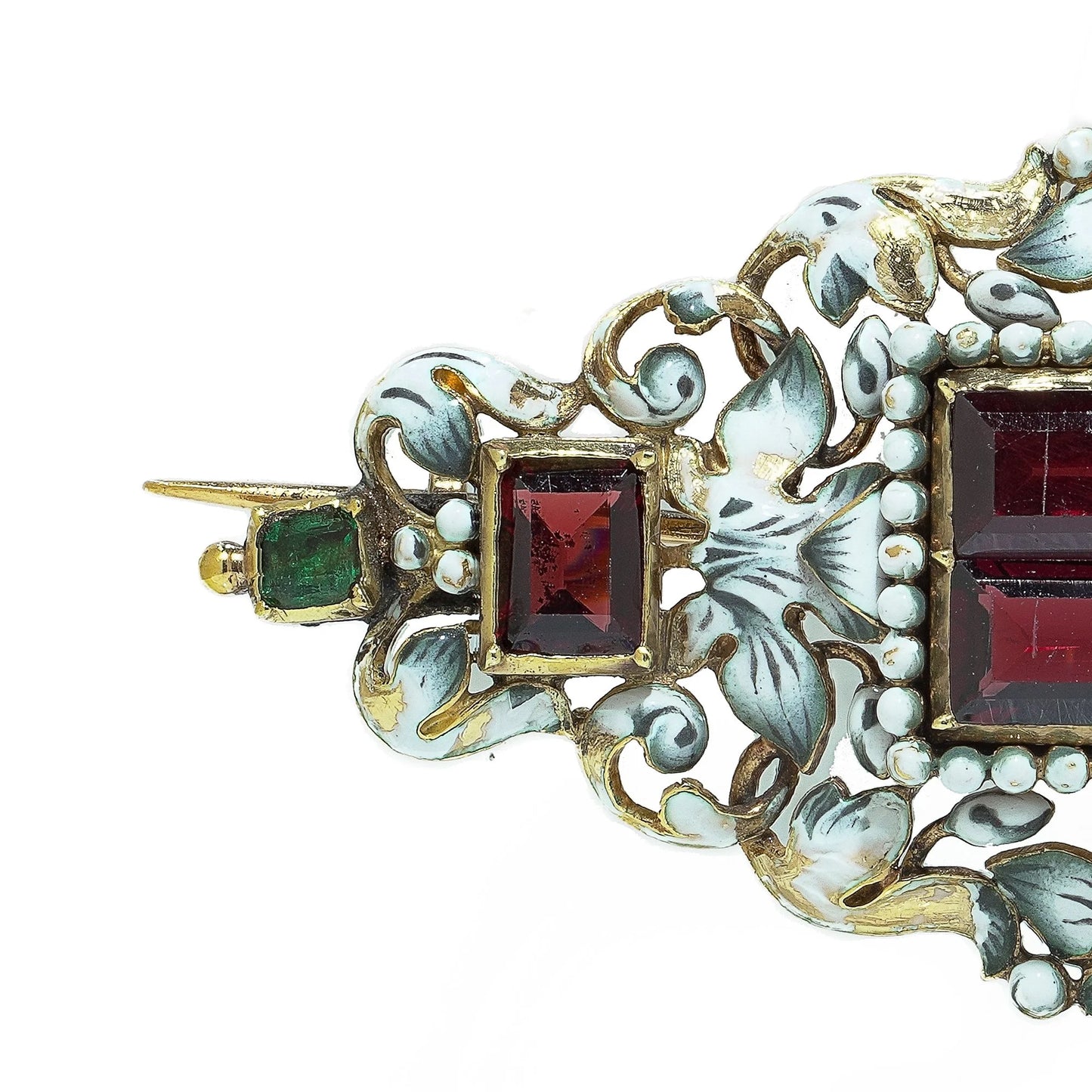 Antique French 18KT Enamel, Garnet and Emerald Renaissance Revival Brooch Pendant