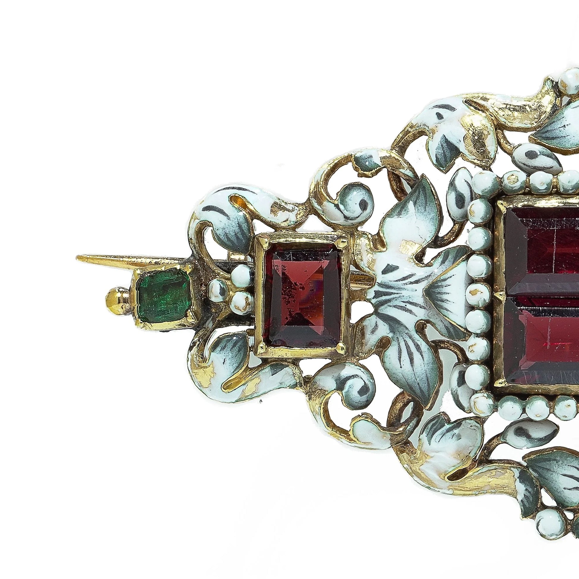 Antique French 18KT Enamel, Garnet and Emerald Renaissance Revival Brooch Pendant