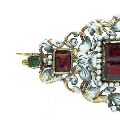 Antique French 18KT Enamel, Garnet and Emerald Renaissance Revival Brooch Pendant